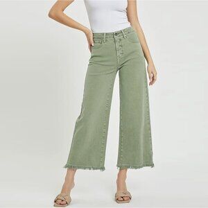 Risen Jeans NWT High Rise Tummy Control Crop Wide Leg Pants, Olive Green, 7/28